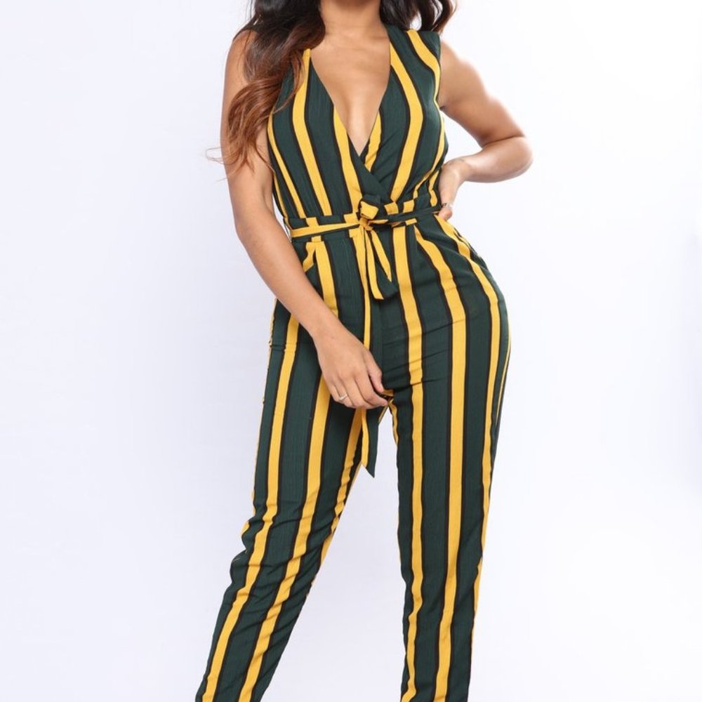 Making My Way Stripe Jumpsuit - Olive/Mustard